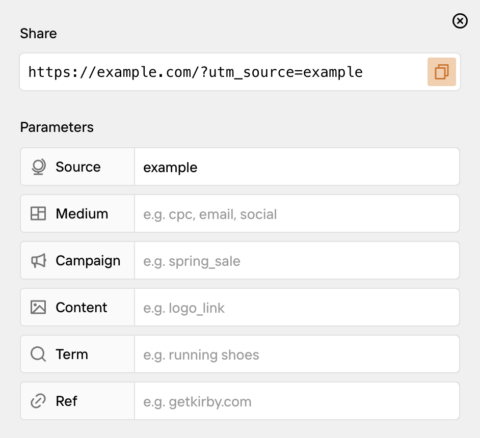 UTM Share dialog in the Panel