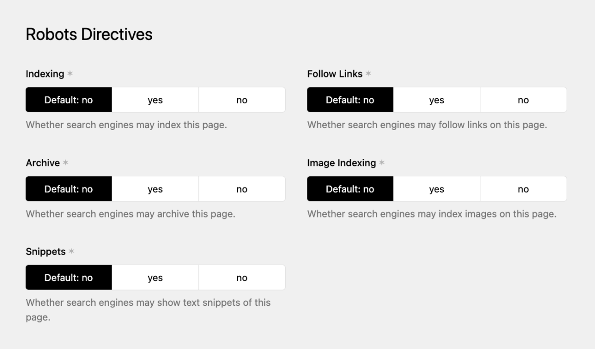 Robots directives fields in the Panel